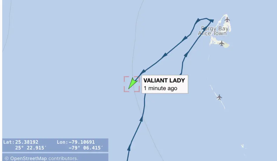 Valiant Lady turning from Bimini on our ship tracker